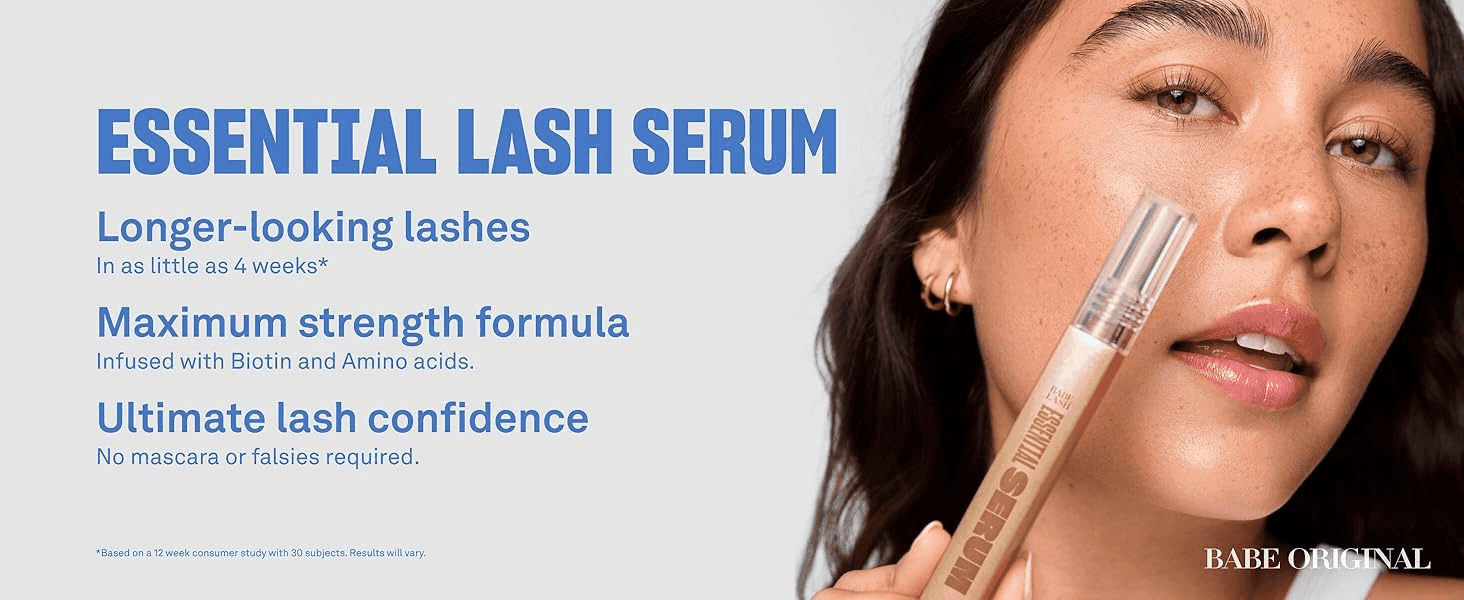 Lists three lash benefits beside a model holding the serum to show results and ease of use.