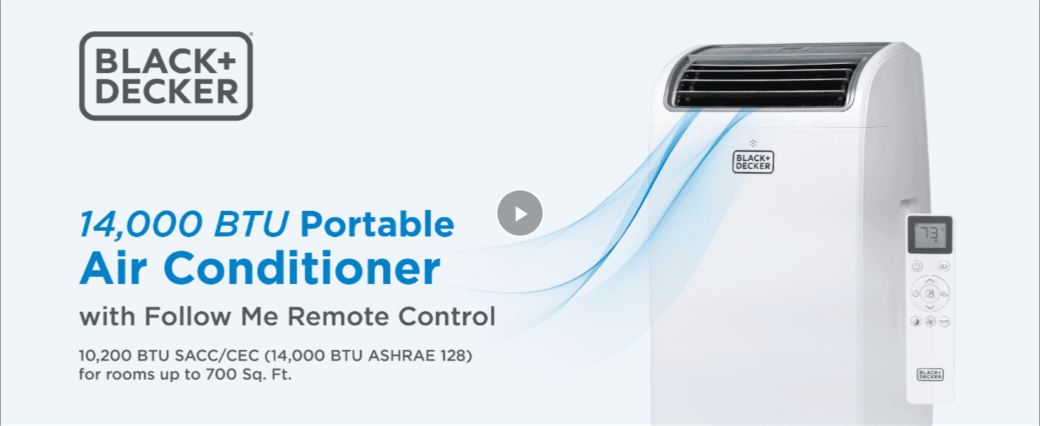 Leads with the unit's BTU rating to signal strong cooling power for rooms up to 700 sq ft. Highlights the remote control feature that lets users adjust temperature from anywhere in the room.