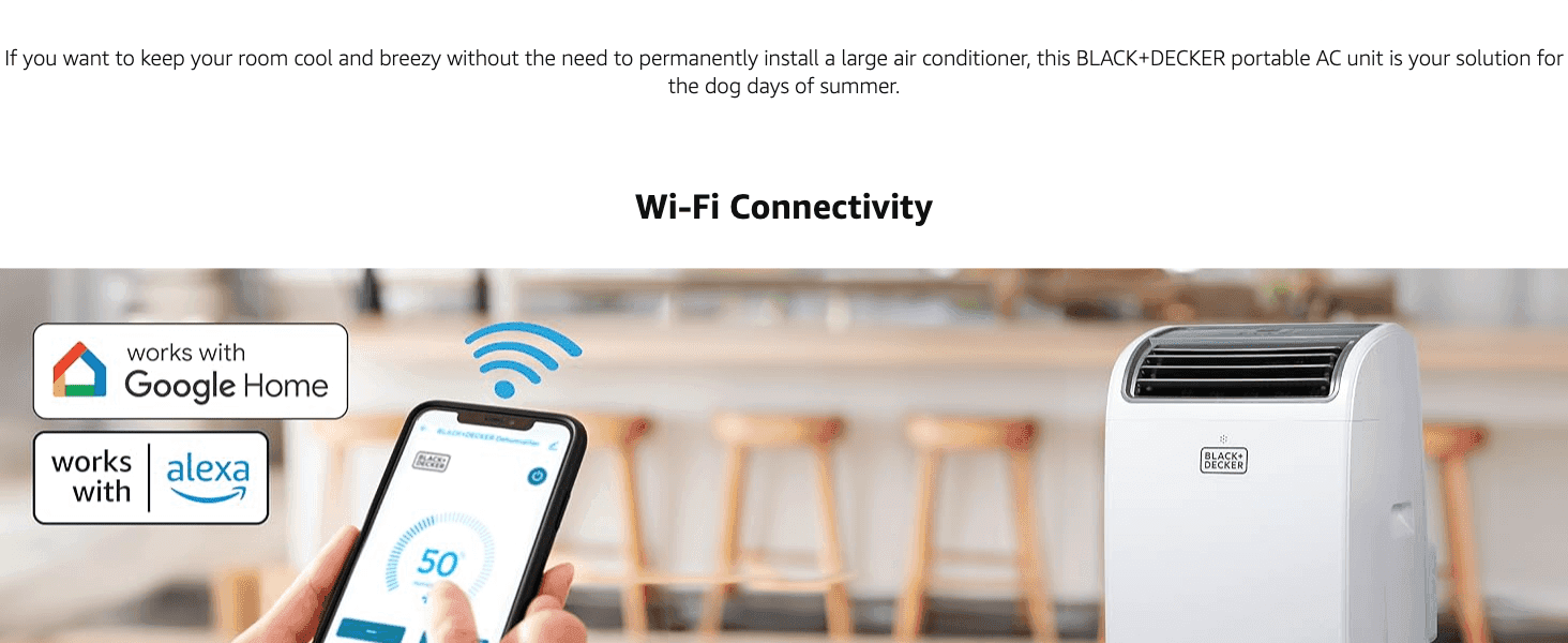 Explains that the unit can be controlled remotely via Wi-Fi through a smartphone app for added convenience. Reassures shoppers the unit works with their existing Google Home and Amazon Alexa smart…