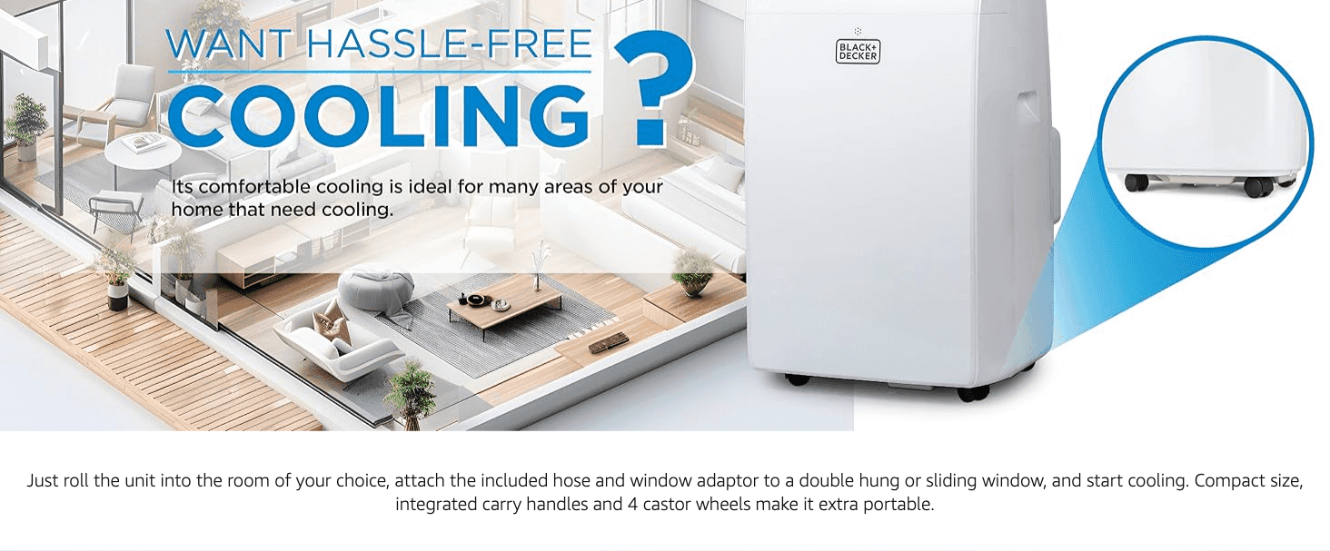 Zooms in on the caster wheels to show the unit rolls easily into place. Shows how easily the unit can be rolled into any room and connected for hassle-free cooling.