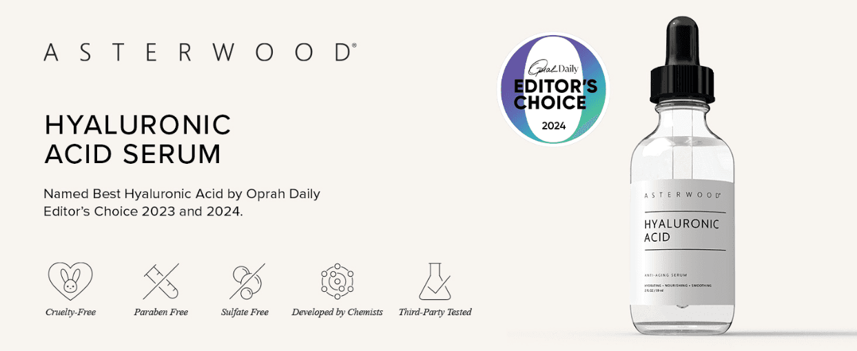 Introduces the Asterwood brand and hero serum with an Oprah Daily award and clean-formula icons to build trust at first glance. Uses the Oprah Daily Editor's Choice badge as third-party endorsement…