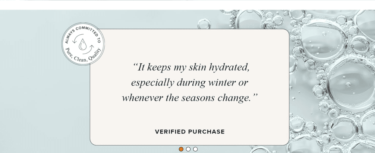Shows a verified customer quote about lasting hydration to build social proof and trust.