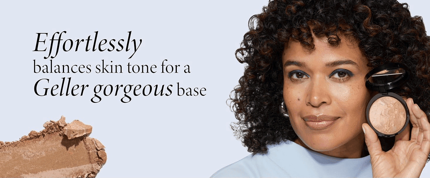 Tells shoppers the powder evens out skin tone for a natural base, shown on a real model holding the compact.