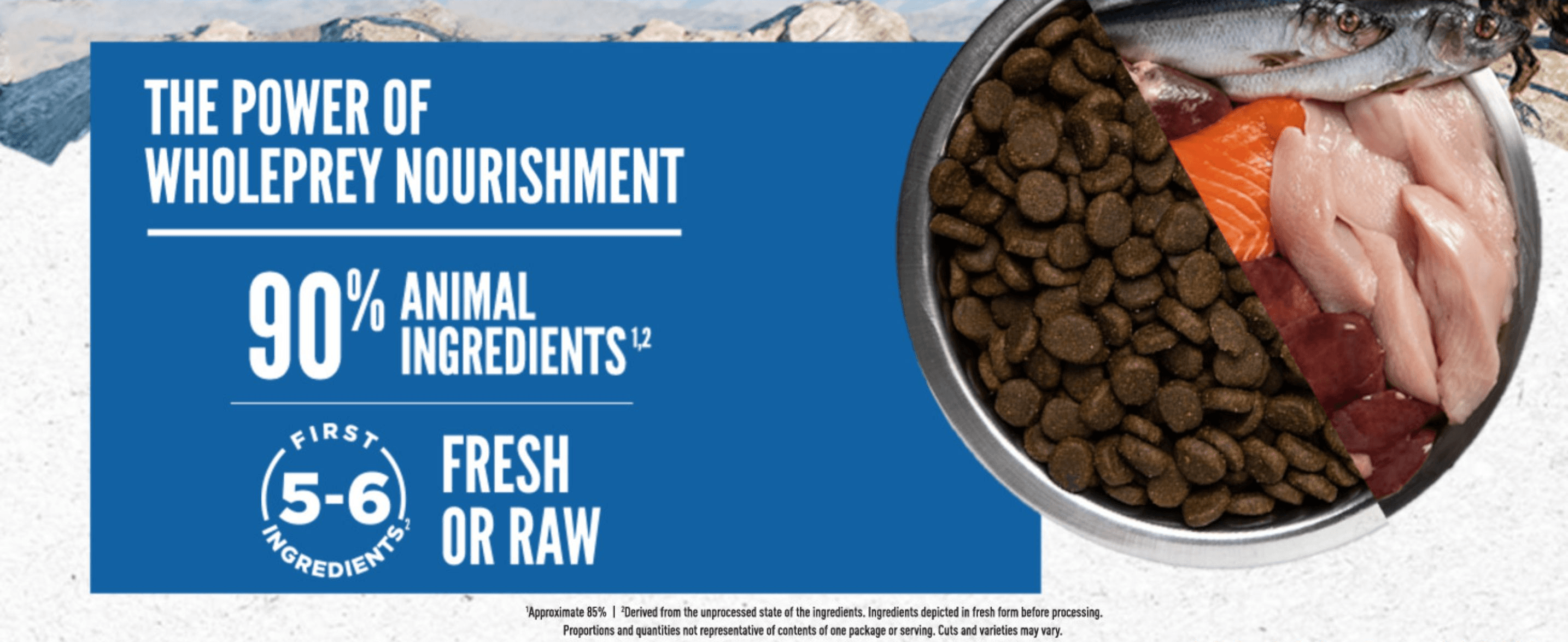 Uses a bold ingredient percentage and 'first 5-6 ingredients' stat to prove the food's high animal-protein content. Reinforces that the top ingredients are fresh or raw animal proteins for…