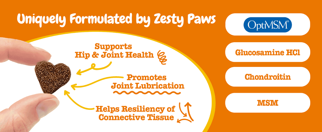 Points to the treat with multiple callouts explaining how its key ingredients support joint health, lubrication, and connective tissue.