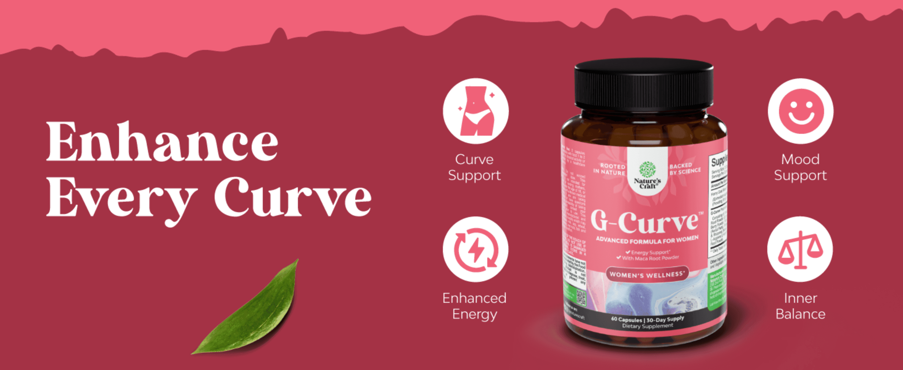 Uses a headline and four icon callouts to summarize the supplement's curve, energy, mood and balance benefits at a glance.