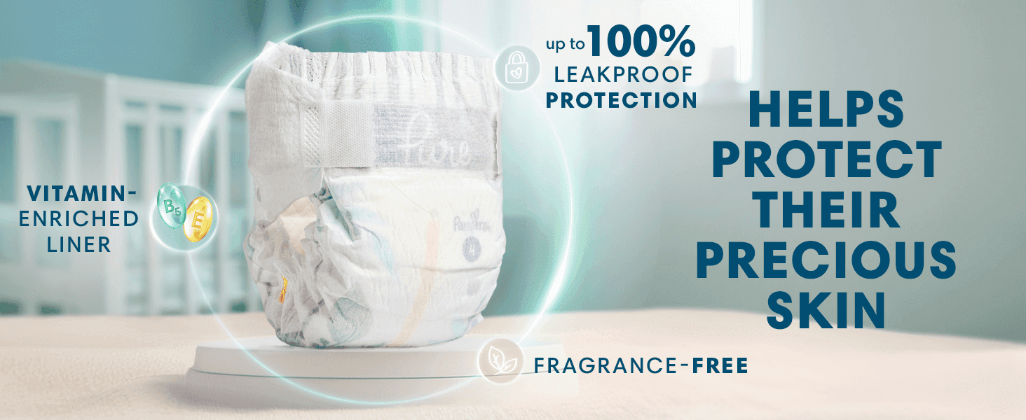 Highlights several skin-protection benefits of the diaper in one segmented layout to reassure parents of comprehensive care. Reassures parents the diaper is gentle and free of irritants for…
