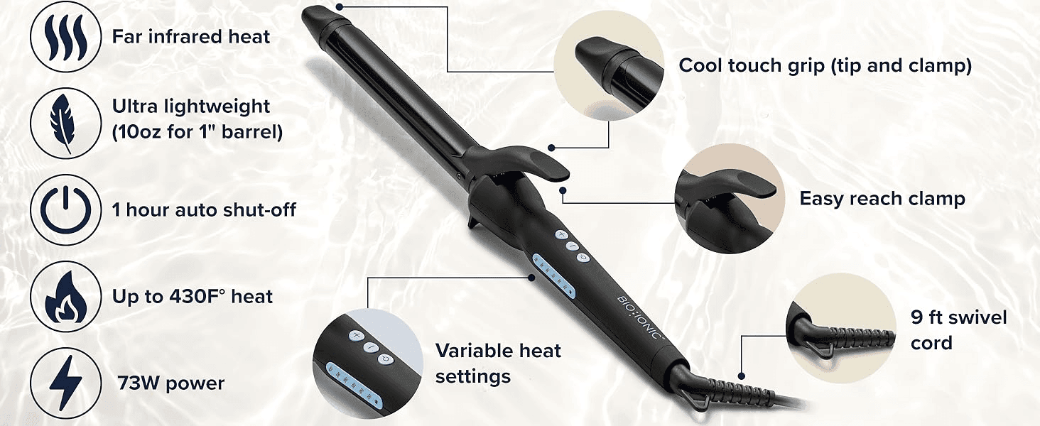 Highlights multiple performance and convenience benefits of the curling iron in one glance using icon-led callouts. Points to specific physical parts of the curling iron (grip, clamp, cord,…