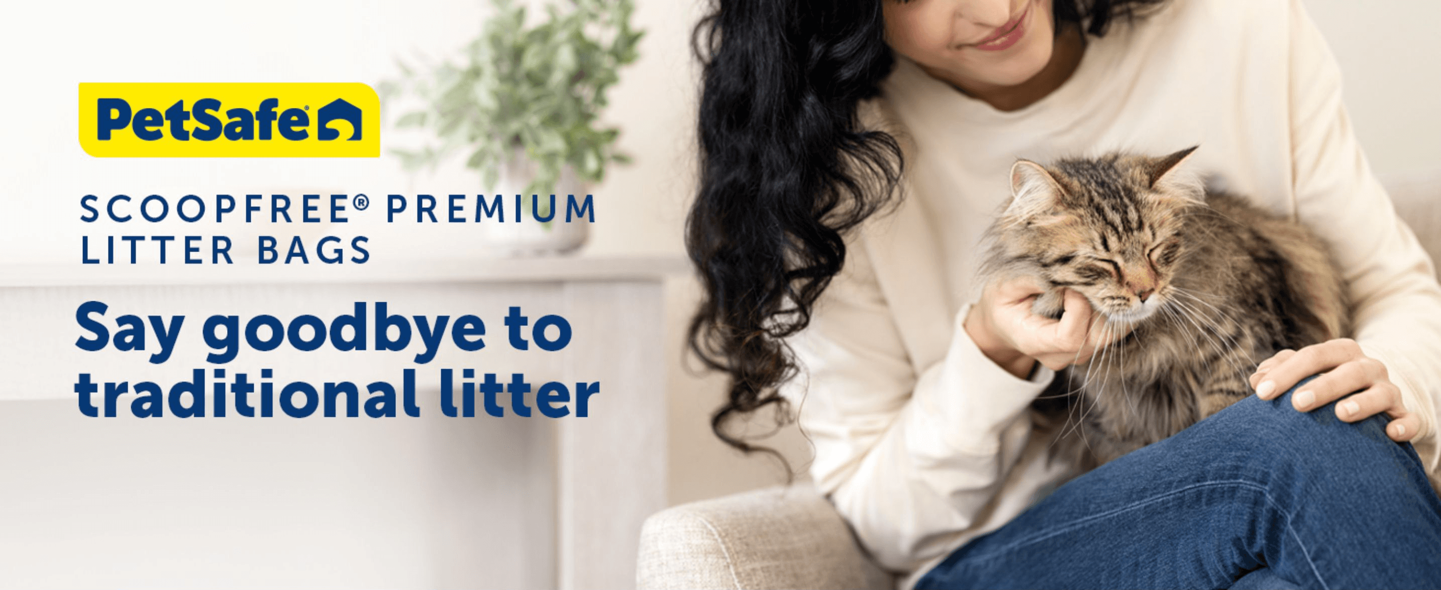 Positions the premium litter bags as an easier alternative to traditional litter, backed by a cozy cat-owner scene.