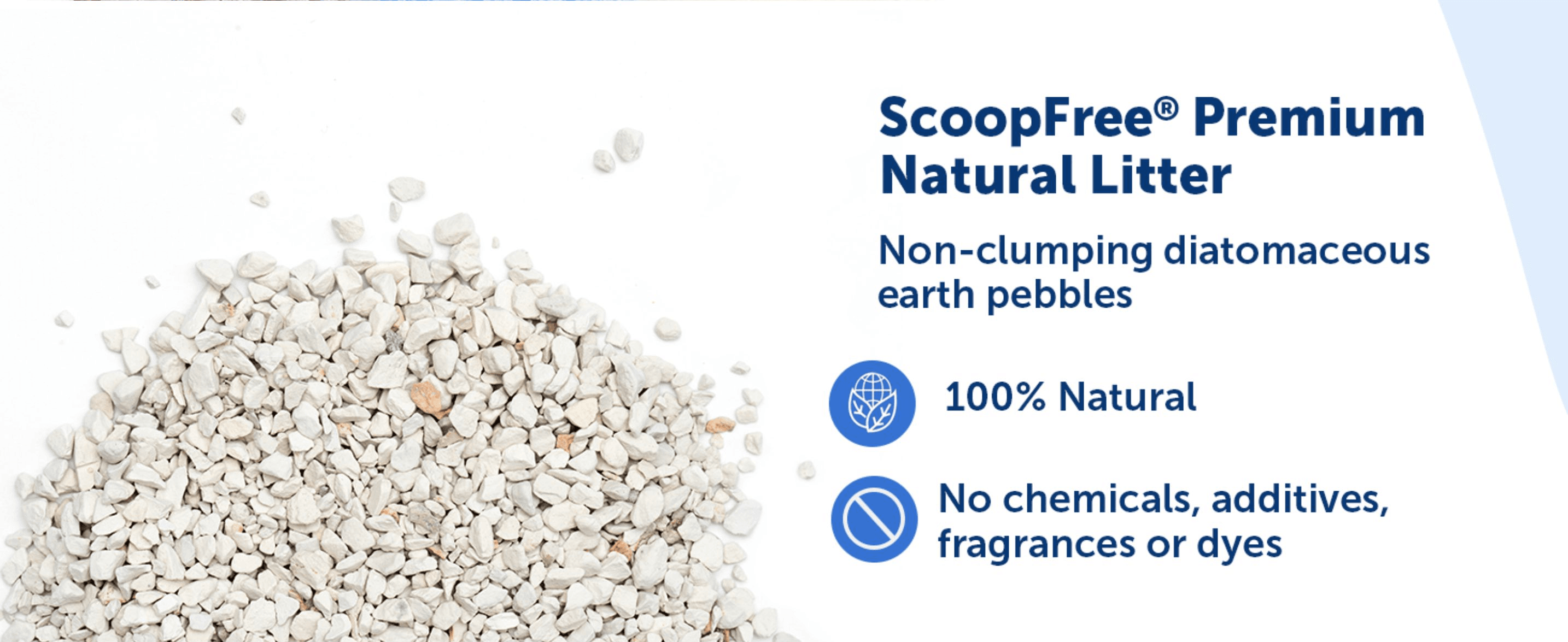 Presents the natural non-clumping litter as a clean option with no chemicals or fragrances. Reassures shoppers that the litter is natural and free of chemicals, additives, fragrances and dyes.