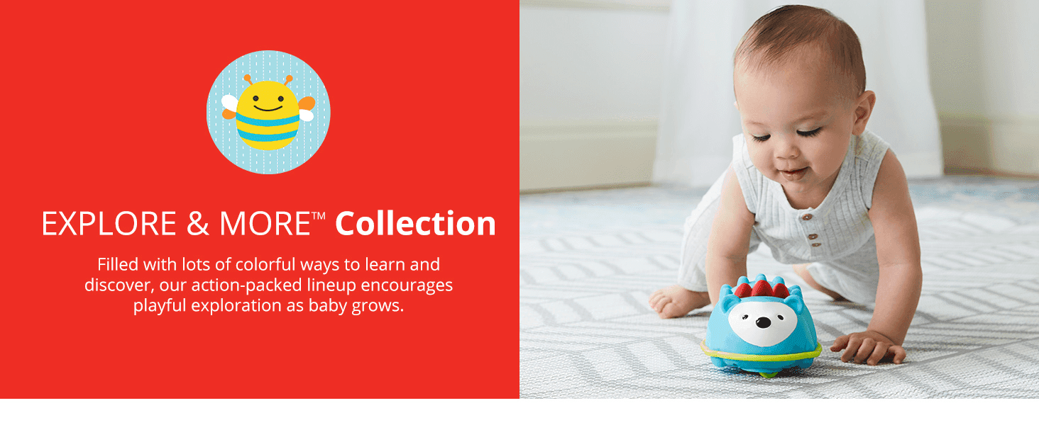 Introduces the Explore & More product collection to position it as a broad, playful lineup for baby's development.