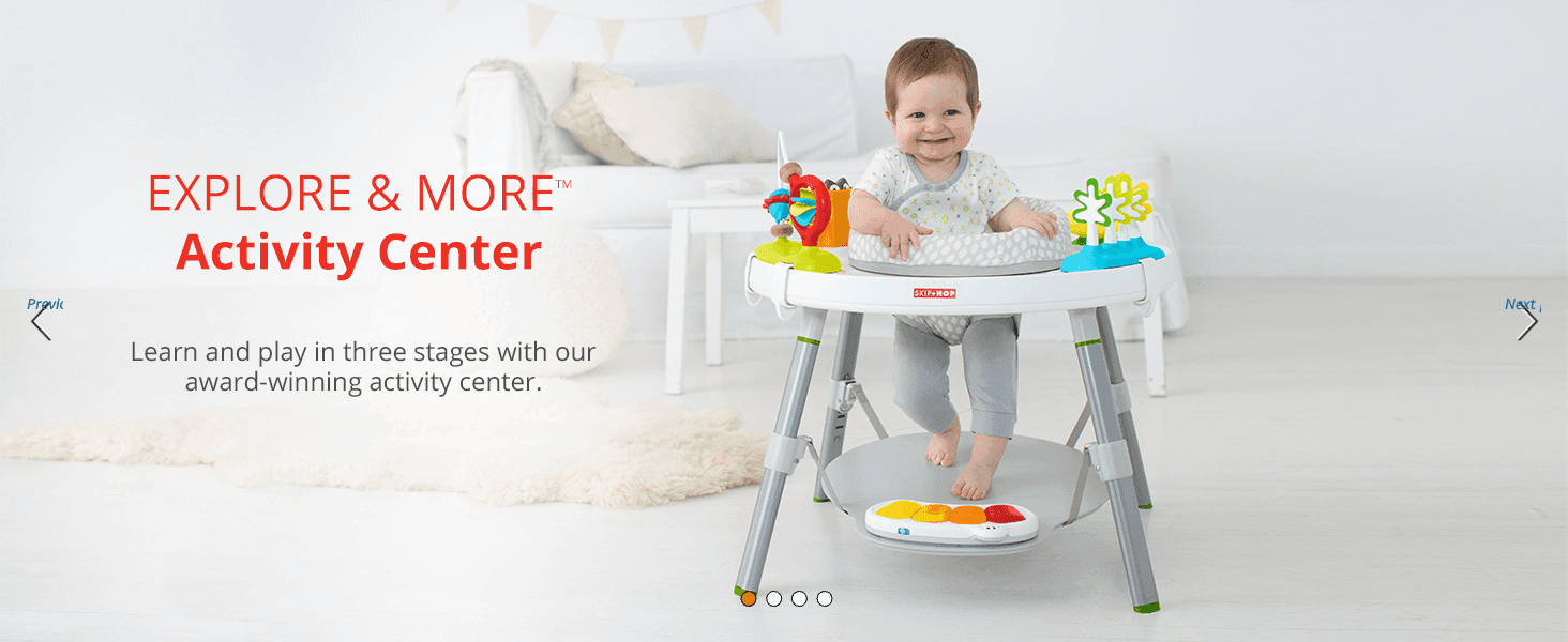 Highlights the activity center's core benefit of growing with baby through three stages of play.
