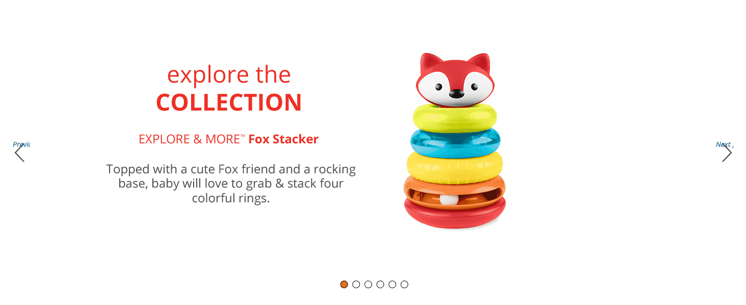 Introduces the Fox Stacker toy within the collection, highlighting its stacking rings and rocking base for baby's play.