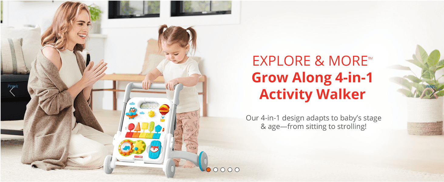 Shows a mother and child using the activity walker to reassure shoppers the toy grows with the baby from sitting to strolling stages.