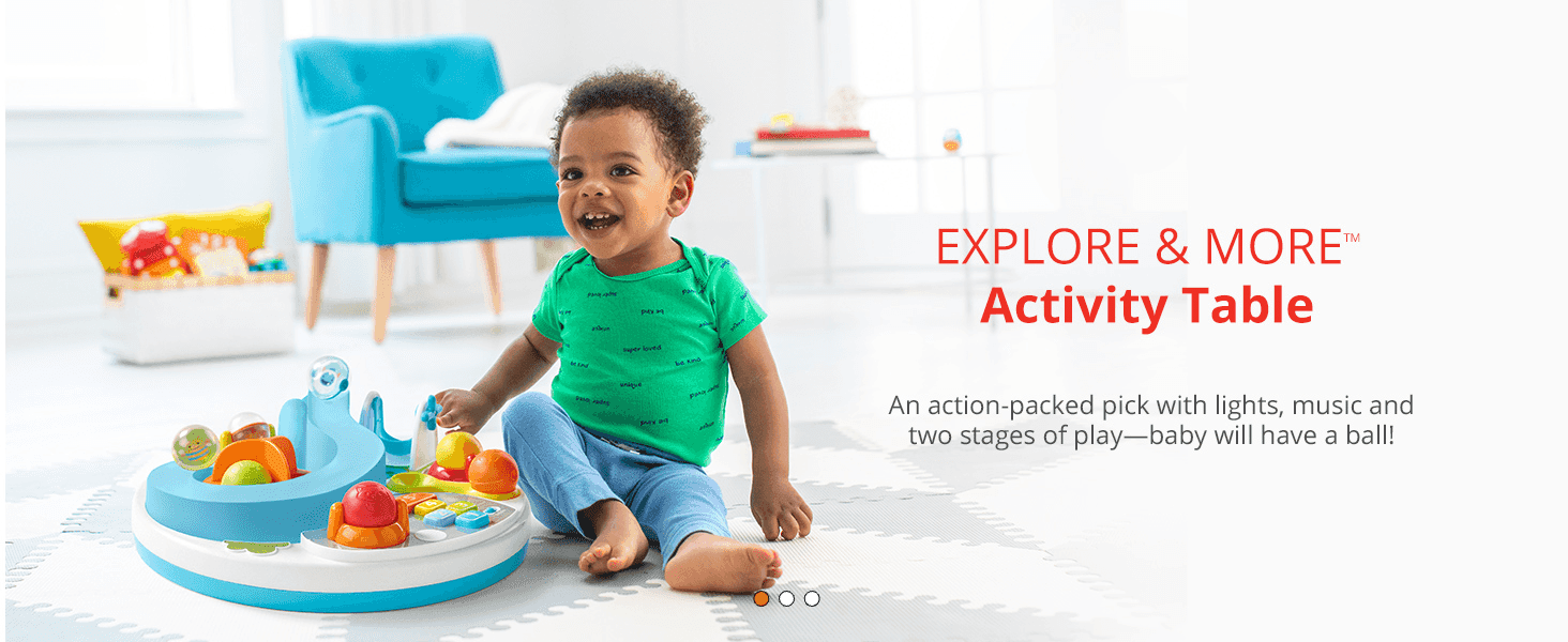 Shows a happy toddler engaged with the activity table to convey it offers action-packed sensory play that keeps babies entertained.