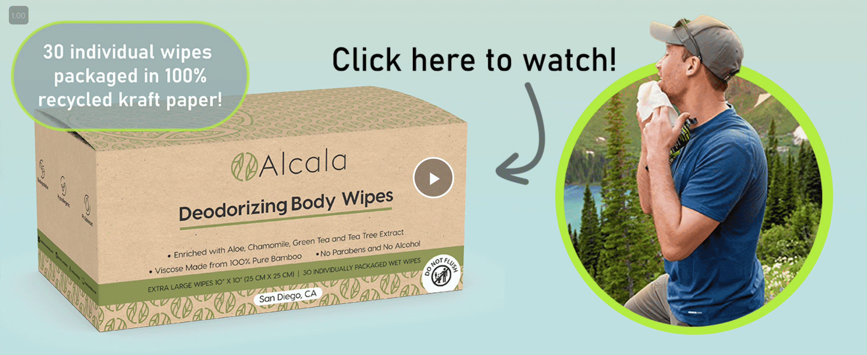 Invites shoppers to watch a video for more detail on the product. Highlights that the wipes are individually packaged in recycled kraft paper for convenience and sustainability.