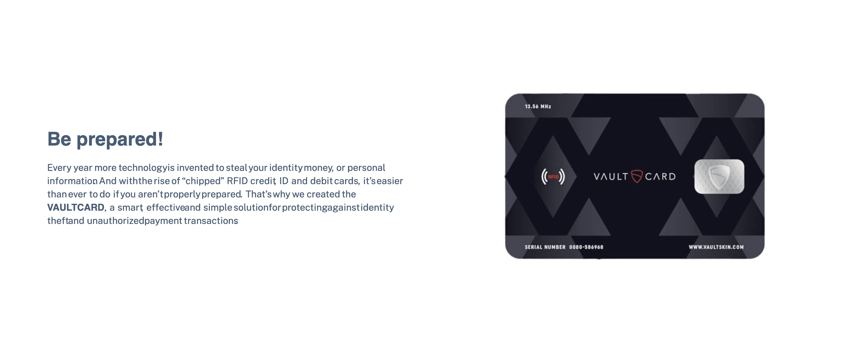 Frames identity theft as a growing risk and positions VaultCard as the simple, effective way to stay protected.