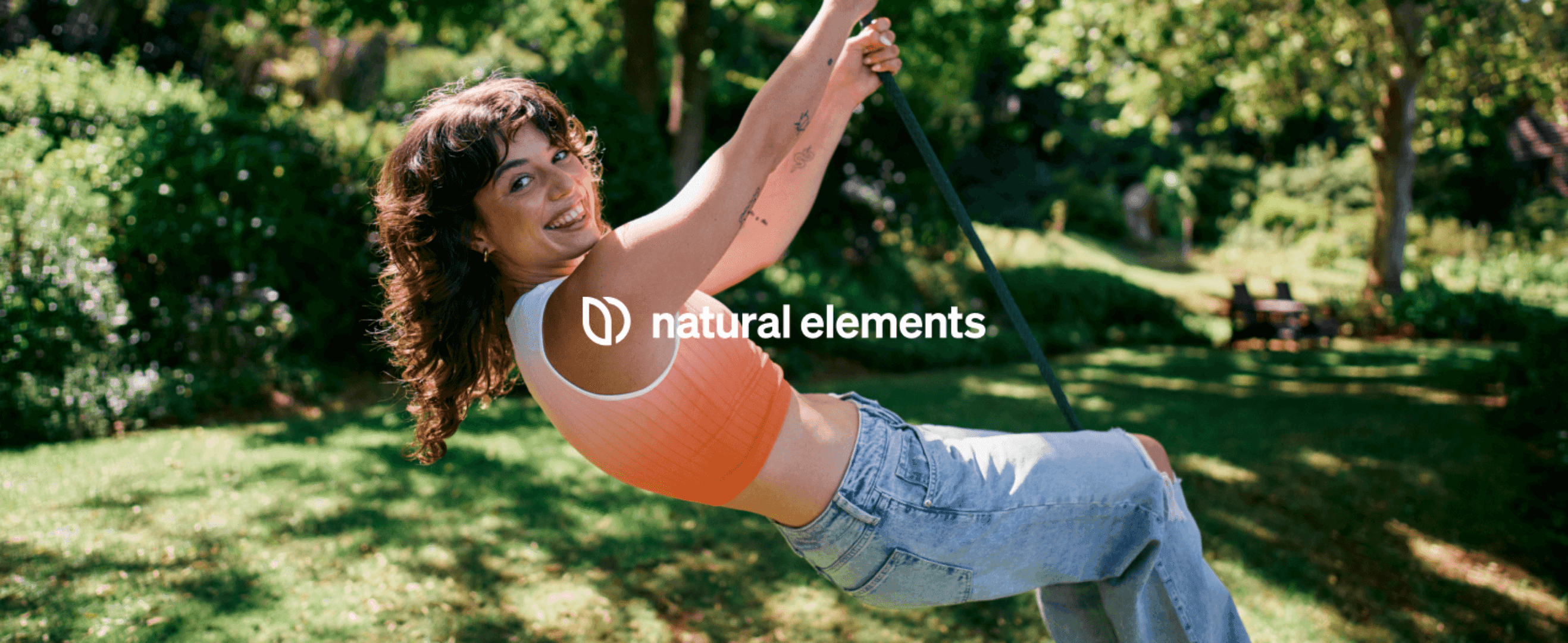 Pairs the brand logo with an aspirational outdoor lifestyle photo to build brand identity and emotional appeal.
