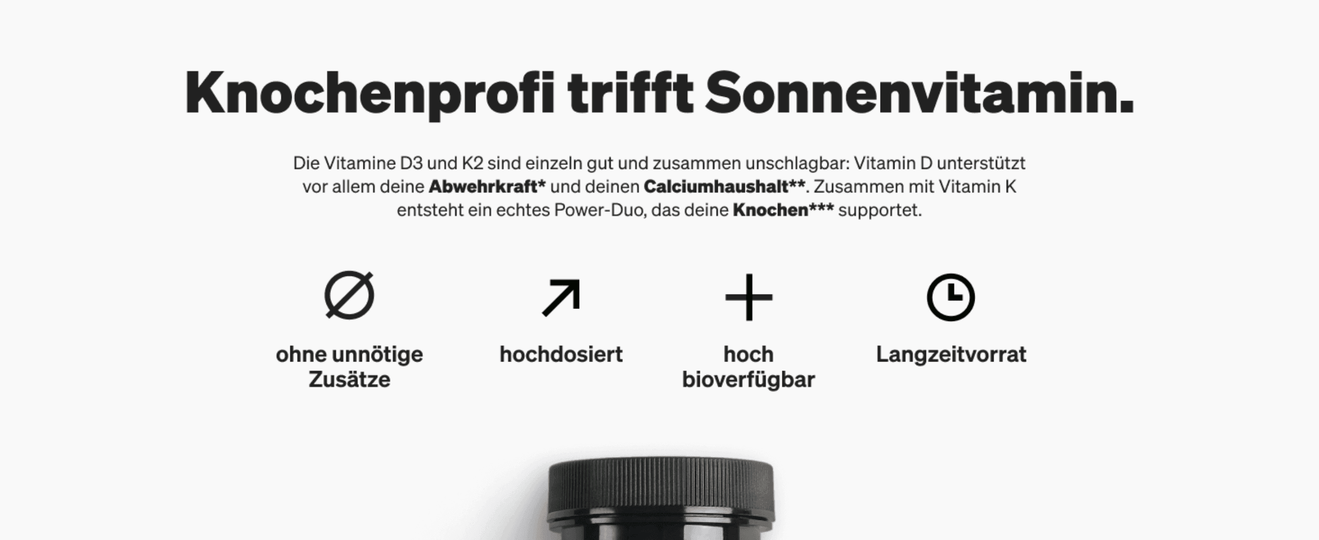 Highlights four distinct product benefits (no unnecessary additives, high dose, high bioavailability, long-term supply) via a headline and icon row.