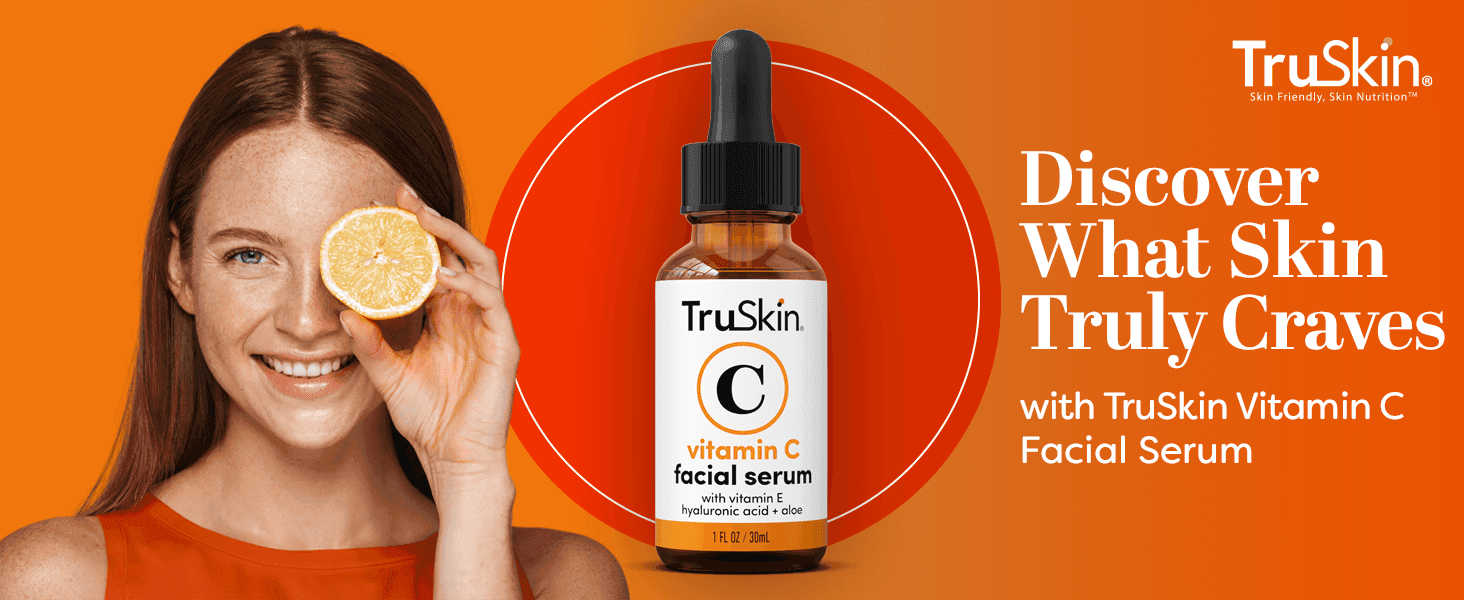 Introduces TruSkin Vitamin C Serum with a bright lifestyle hero and brand logo to set a fresh, skin-friendly tone.
