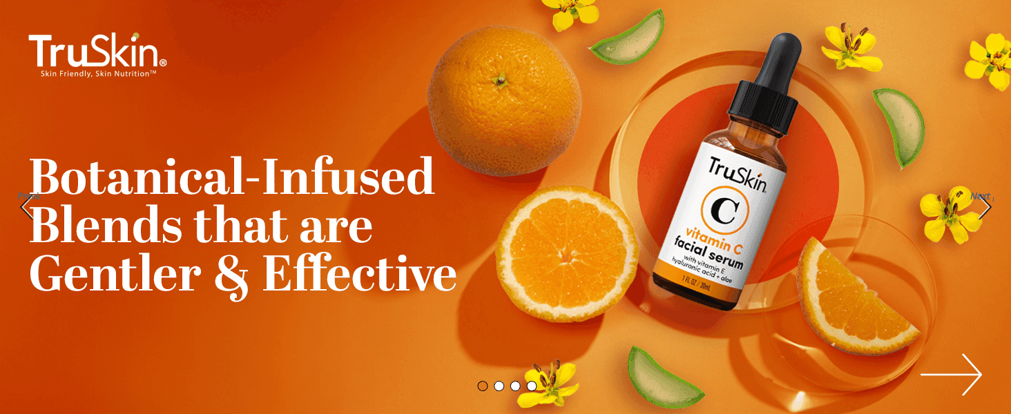 Presents TruSkin as a gentle, botanical-based brand to build trust before shoppers read the details. Puts one clear claim, gentler and effective blends, over the product and its ingredients.