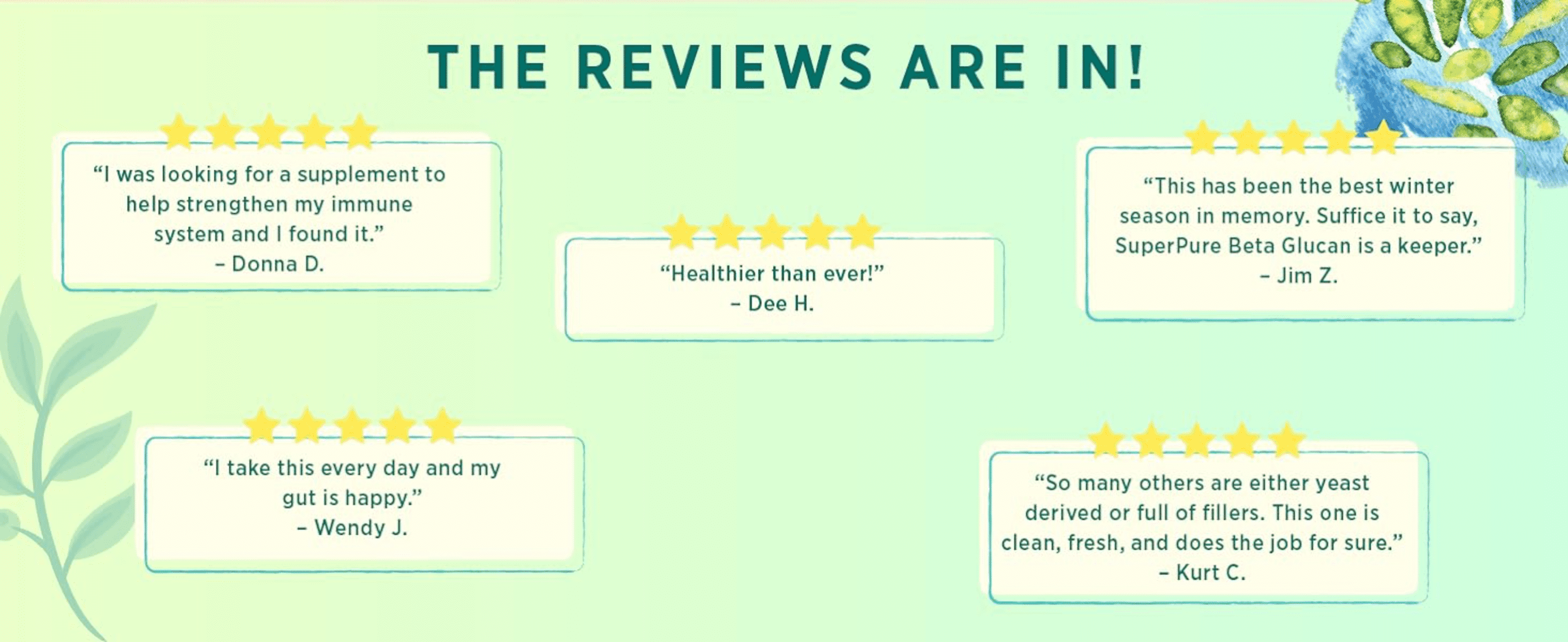 Builds social proof and trust by showcasing five-star customer quotes about the product's effectiveness.
