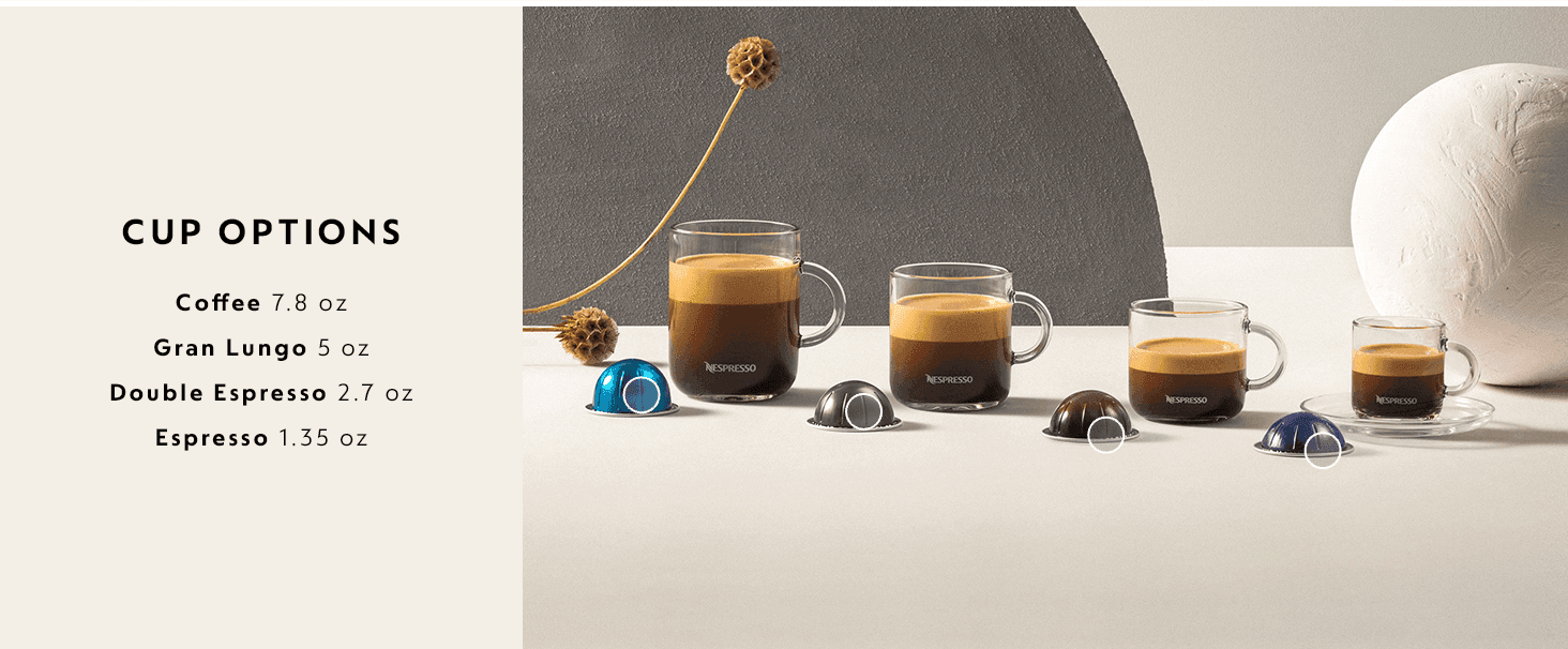 Shows the range of cup sizes the machine brews so shoppers know it covers their preferred coffee format. Gives exact volume stats for each brew style to set clear expectations on serving size.