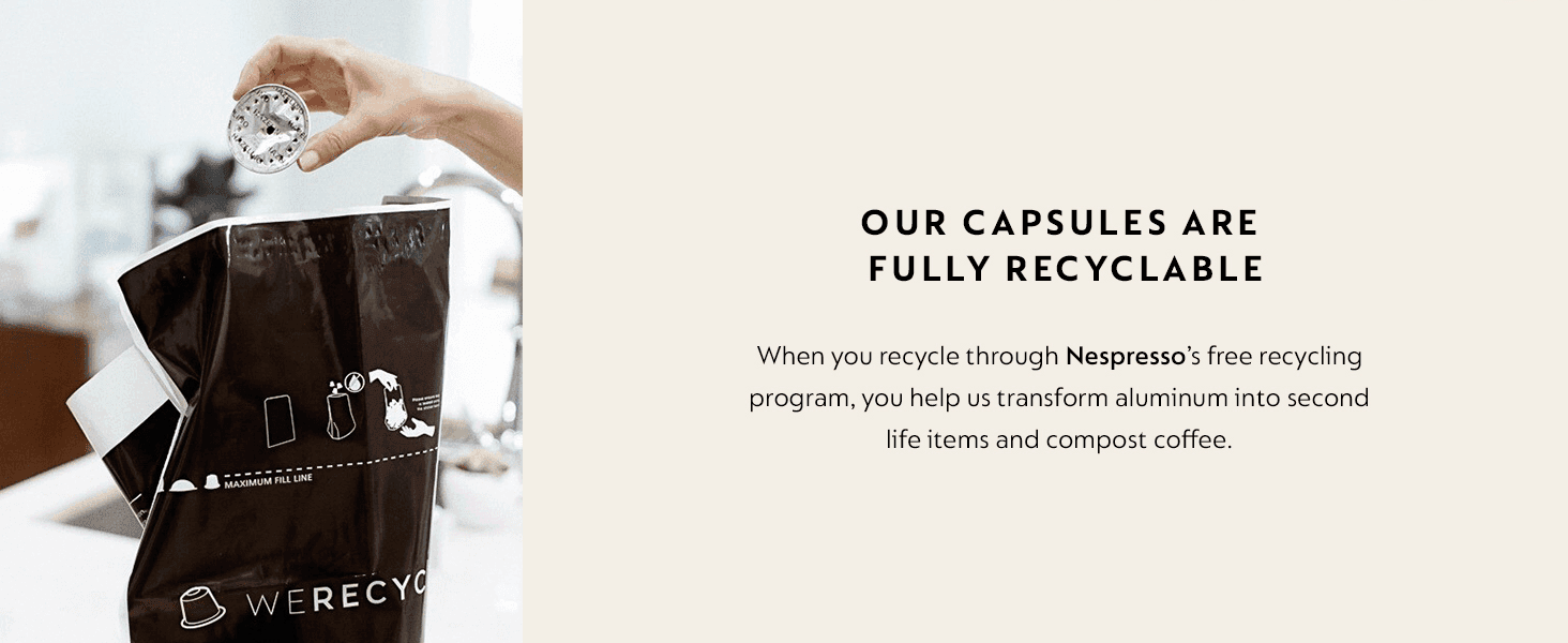 Reassures shoppers that used capsules are fully recyclable through Nespresso's free recycling program, appealing to environmentally conscious buyers. Highlights one clear sustainability benefit…