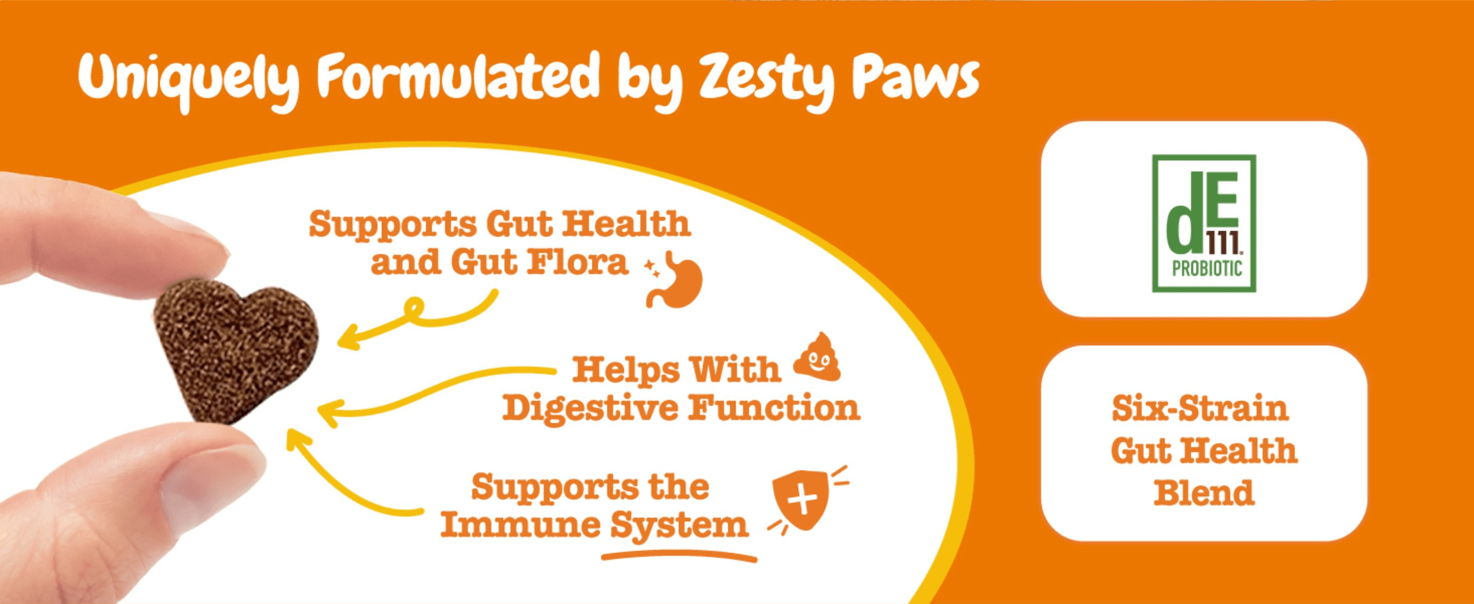 Highlights three distinct health benefits of the treat's formulation with labeled callouts and ingredient badges to build efficacy trust.