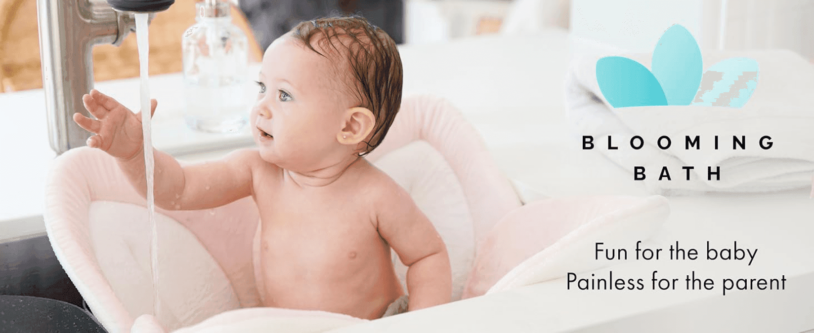 Introduces the Blooming Bath brand and its friendly positioning to build shopper recognition and trust. Reinforces that bath time is enjoyable for the baby and hassle-free for the parent.
