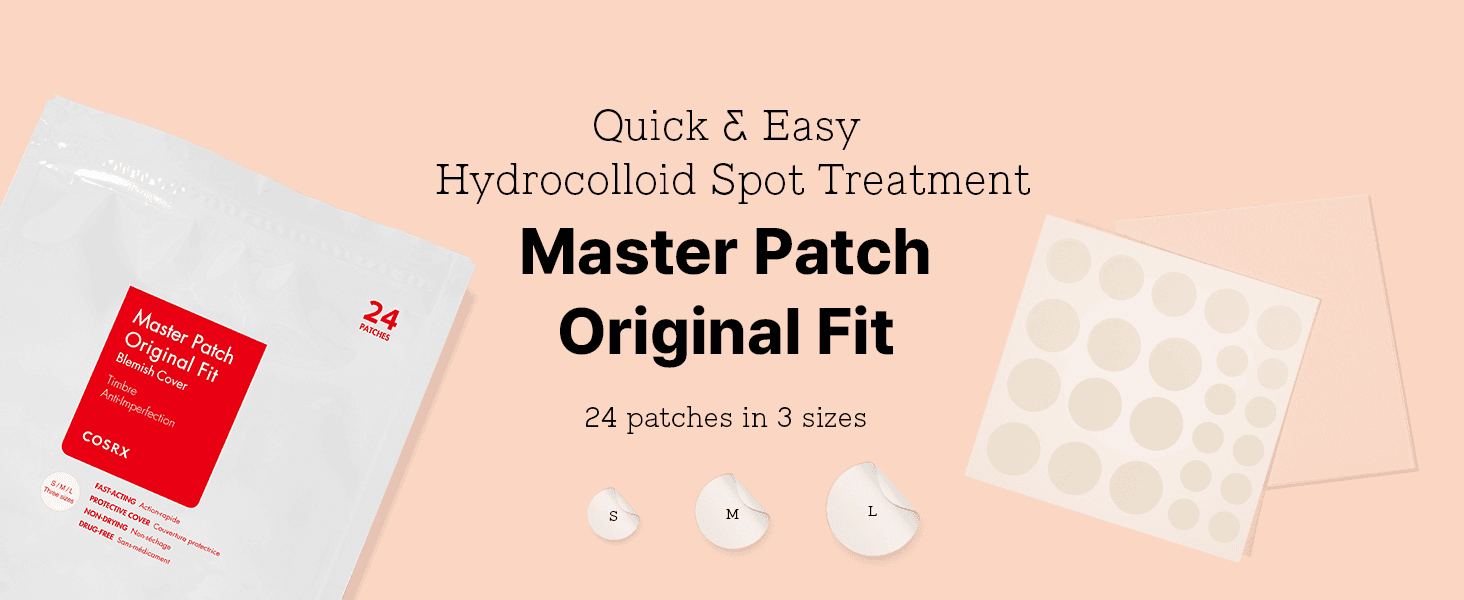 Introduces the Master Patch as a quick, easy hydrocolloid treatment and shows the 24-patch pack in three sizes.