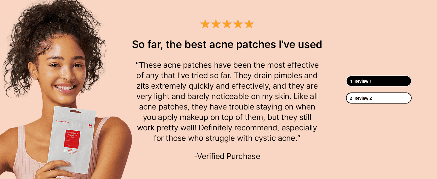 Builds trust with a five-star verified customer quote about how well the patches drain pimples and stay unnoticed.