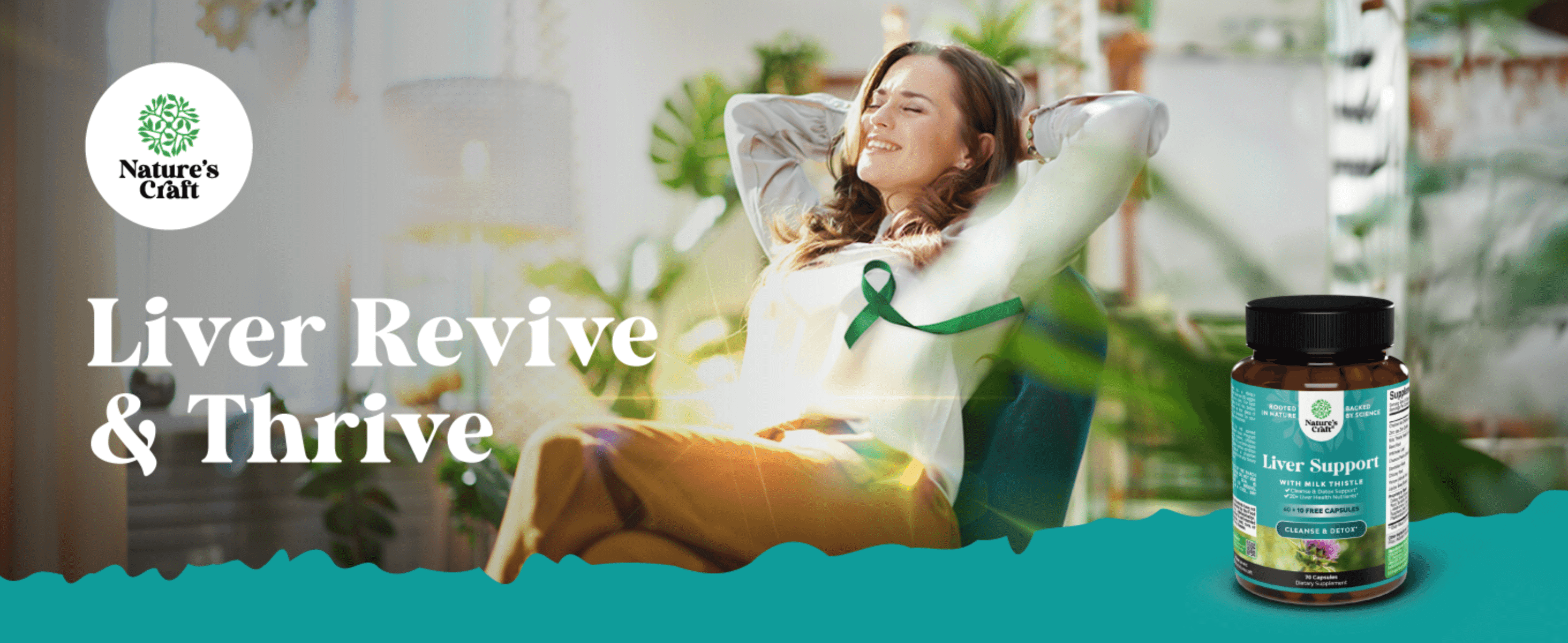 Introduces the Nature's Craft brand alongside the product to build shopper trust and recognition. Positions the supplement as supporting liver wellness through a relaxed, feel-good lifestyle scene.
