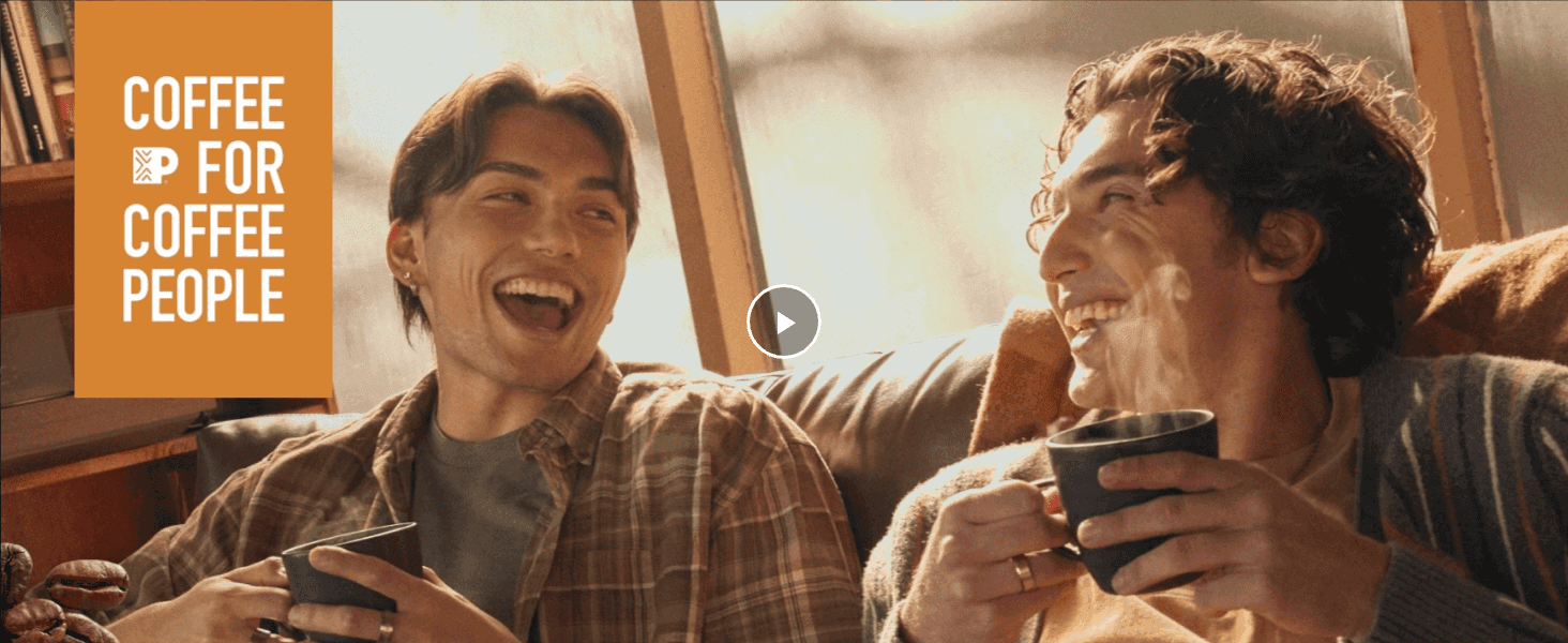 Introduces the brand personality with a warm, friendly coffee moment to build emotional connection. Shows people enjoying coffee together so shoppers picture the product in their own routine.