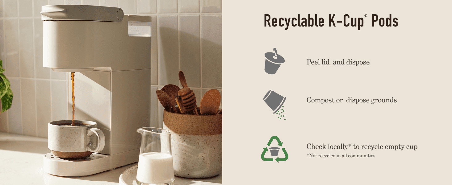 Shows shoppers how to peel, compost and recycle the K-Cup pods, reassuring them the product is environmentally responsible. Gives three simple steps for disposing of and recycling the pods.