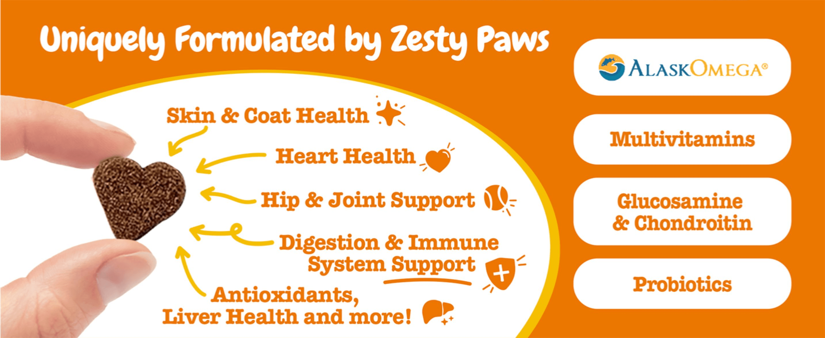 Shows the multiple health benefits the treats support, from skin and coat to digestion and liver health. Uses arrows from the product to point out the range of health benefits its formulation…