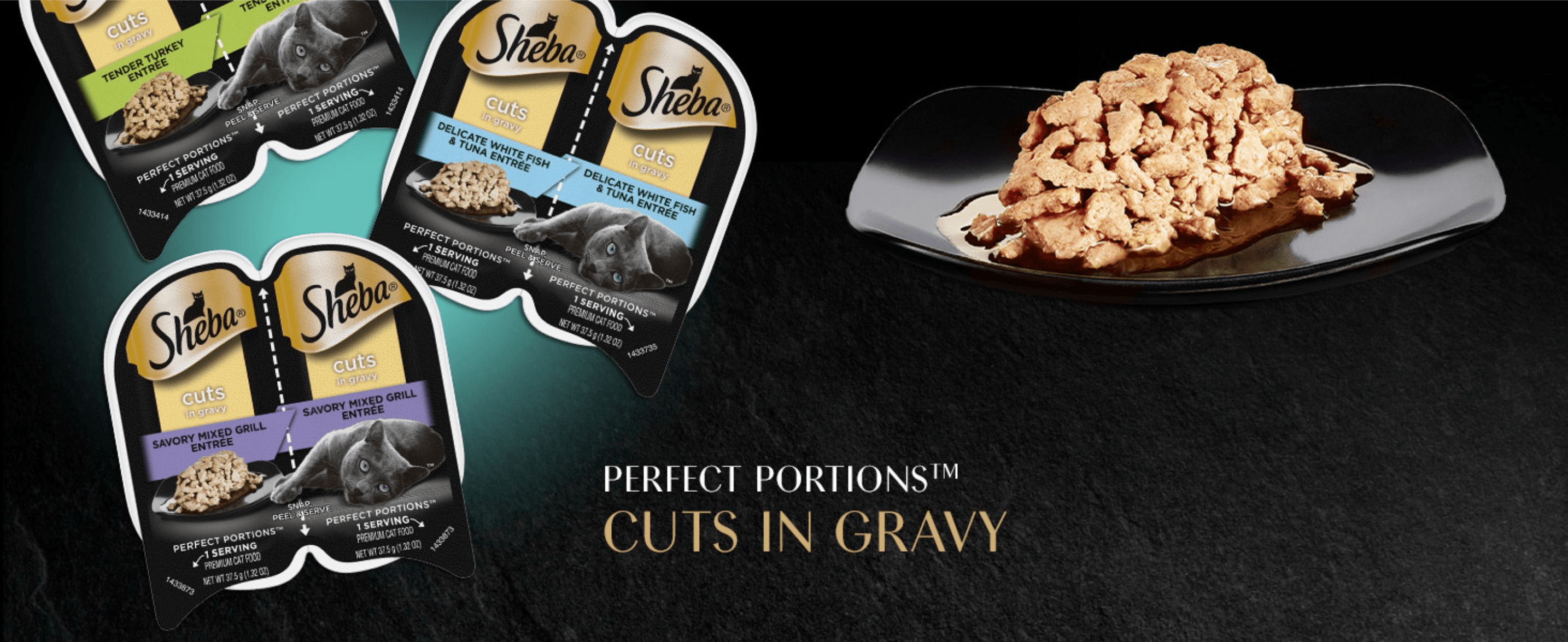 Showcases the Perfect Portions Cuts in Gravy product line across flavor variants alongside an appetizing plated shot to reinforce the product name and gourmet quality.
