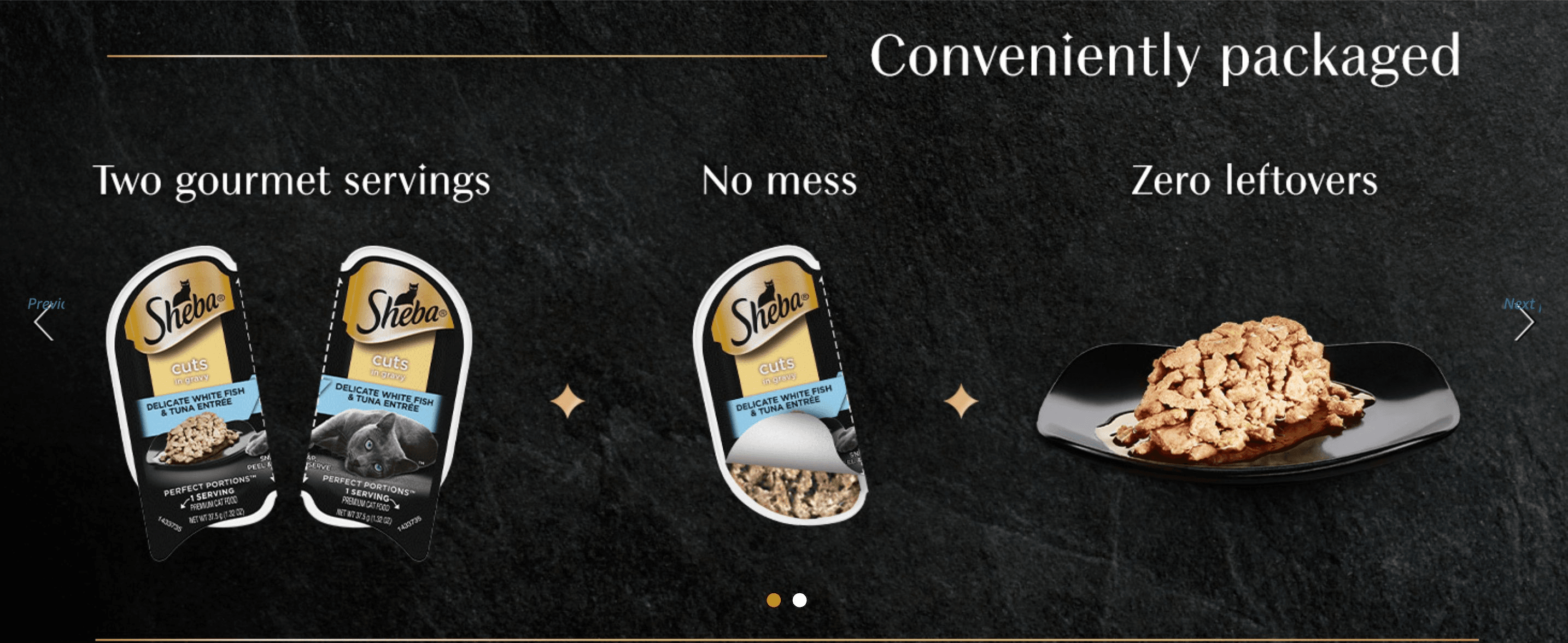 Highlights three distinct convenience benefits (gourmet servings, no mess, zero leftovers) in a segmented panel layout to reassure shoppers about ease of use.