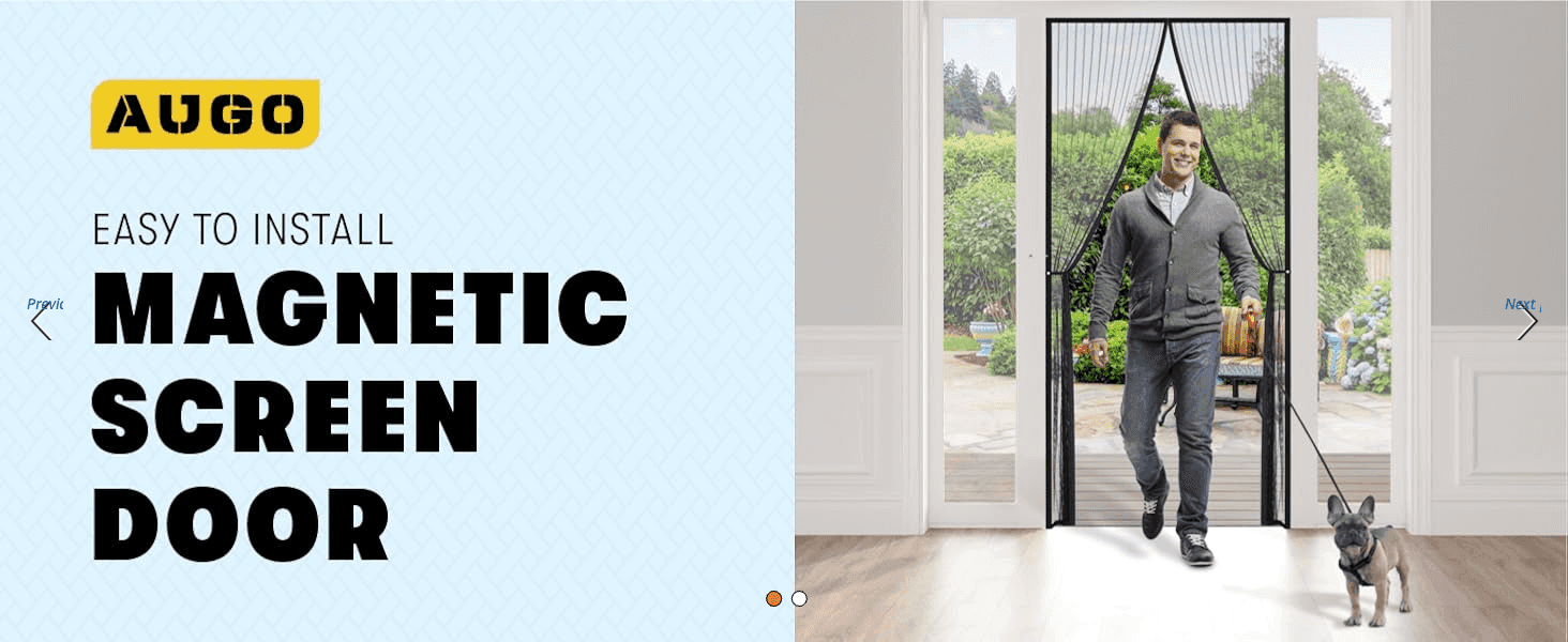Leads with the easy-to-install magnetic screen door in a lifestyle scene, reassuring shoppers it is simple to set up. Signals that installation is quick and simple for the buyer.