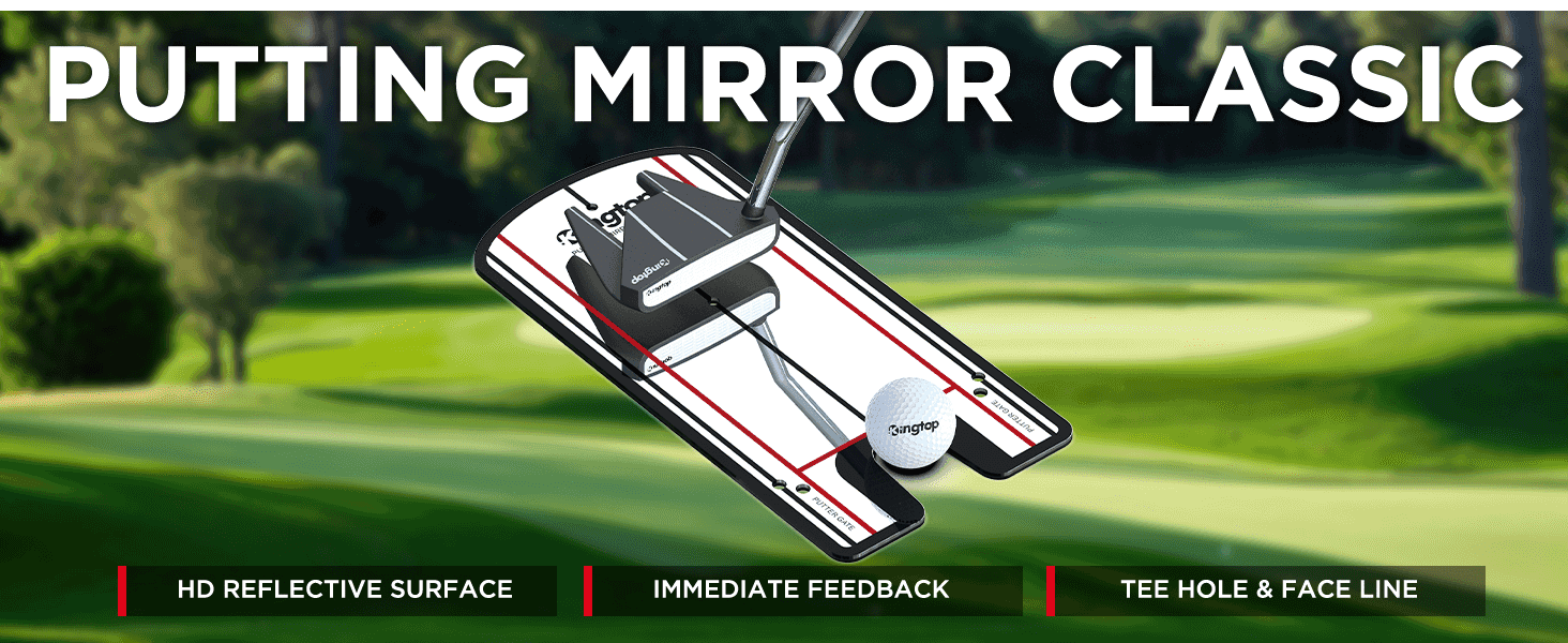 Introduces the putting mirror and highlights three core benefits side by side to build shopper interest quickly.