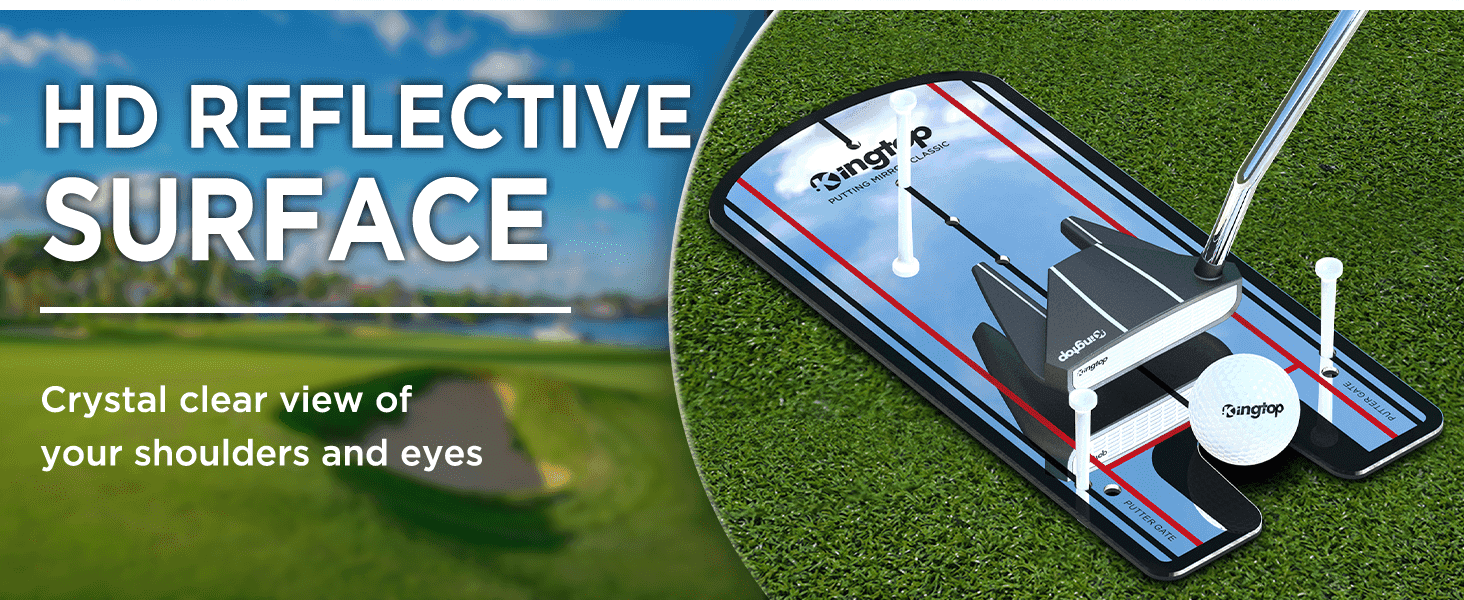 Emphasizes the mirror's clear reflective surface so golfers can accurately check their shoulder and eye alignment.