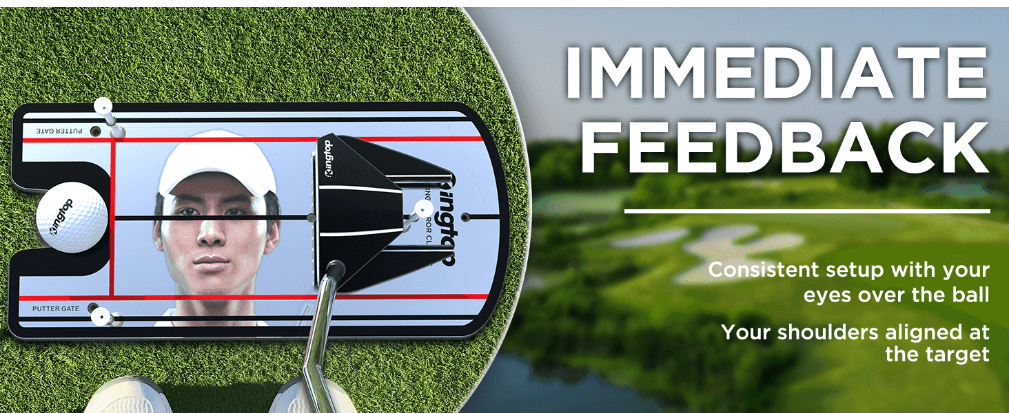 Highlights how the putting mirror gives immediate visual feedback to help golfers set up consistently and align their shoulders to the target.