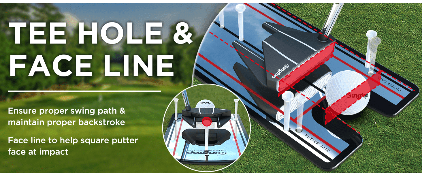 Points to two specific alignment features on the mirror to show how each helps the golfer maintain proper swing path and square the putter face. Highlights two distinct benefits of the product's…
