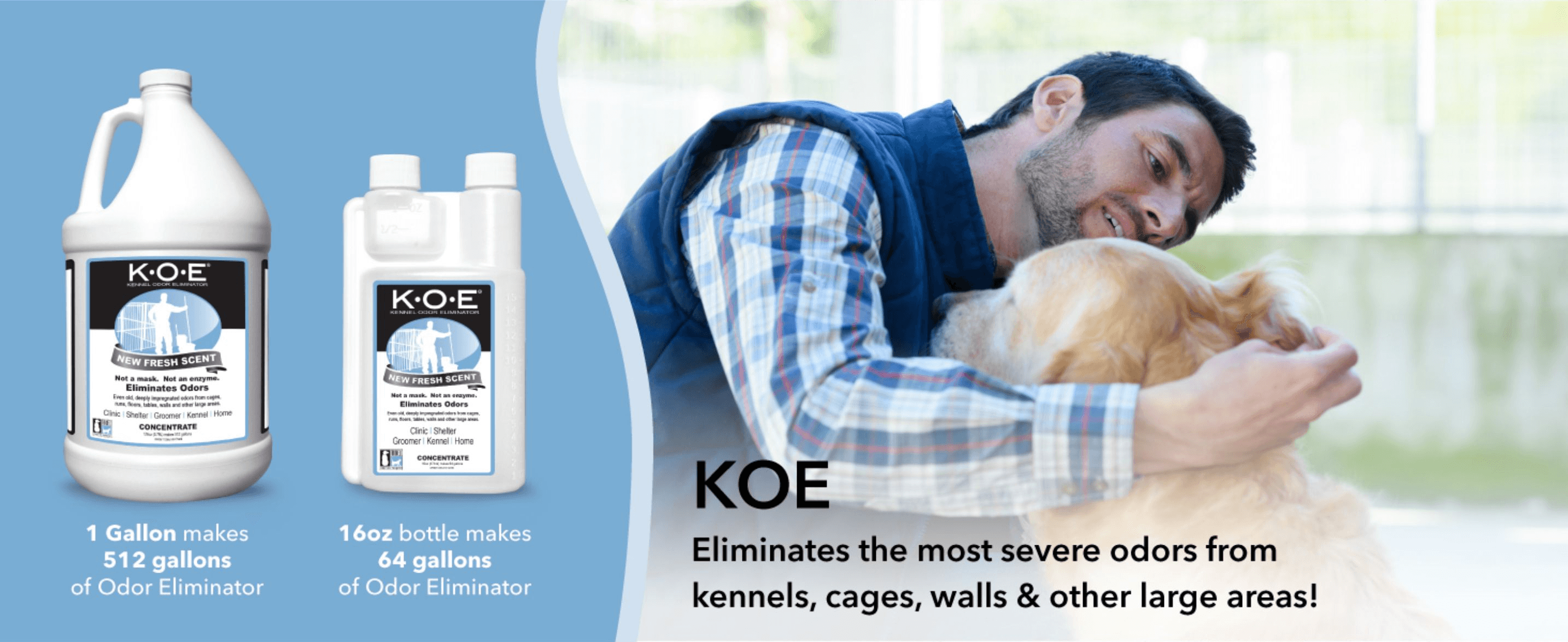 Shows how far each bottle size goes (gallons yielded) to prove the concentrate's value for money. Positions the brand as capable of eliminating severe odors in kennels, cages and other large areas.