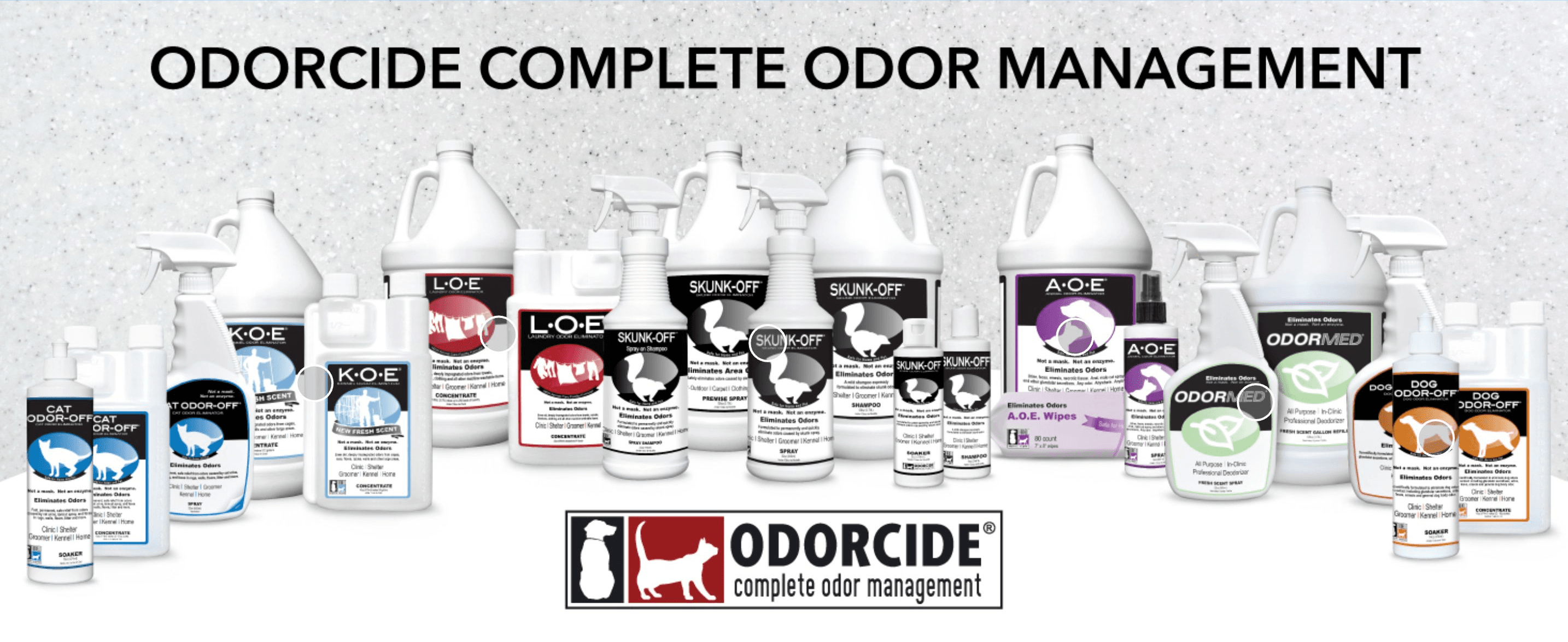 Showcases the full Odorcide product range to reassure shoppers there is a dedicated solution for every odor need.
