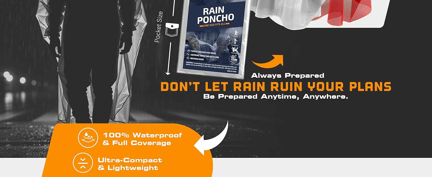 Introduces the poncho with a rain-ready visual and highlights two core benefits to reassure shoppers it will keep them dry without bulk.