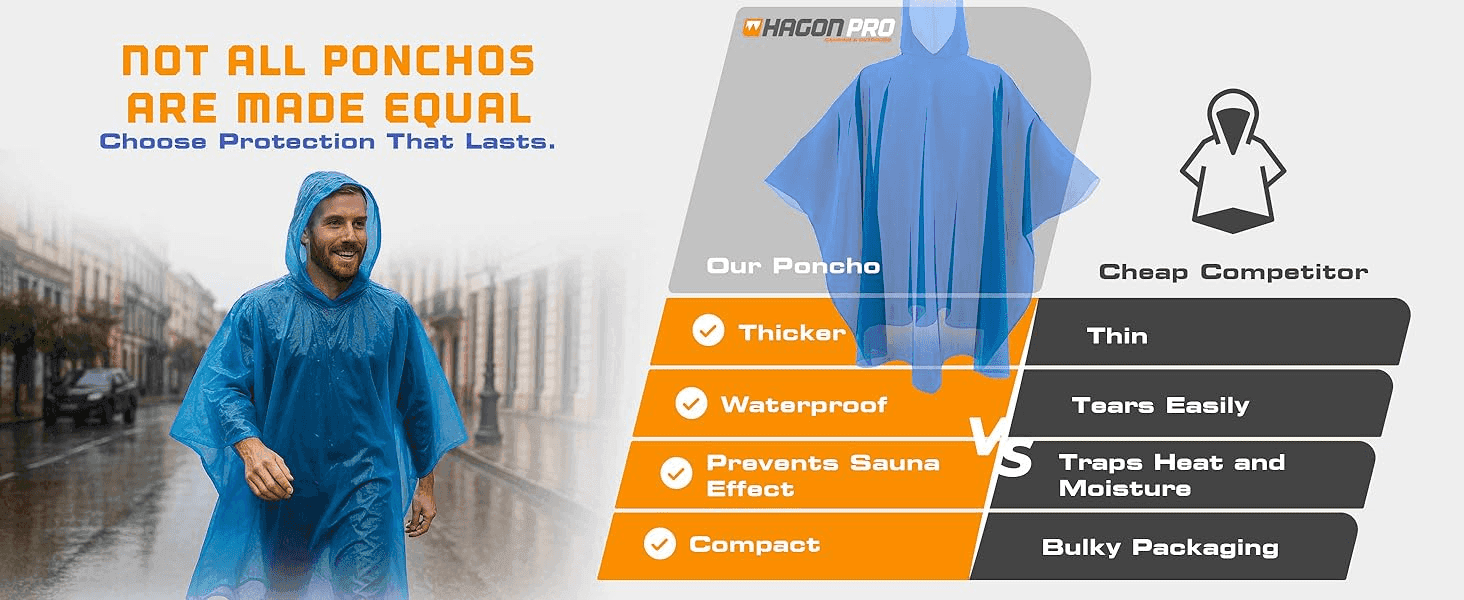 Argues the brand's poncho is thicker, more waterproof, and more comfortable than cheap alternatives to justify choosing it over lower-cost options.