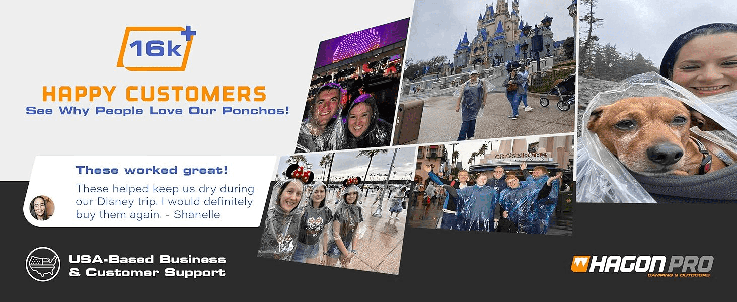 Builds trust by showing a large happy-customer count and a direct customer quote praising the product's performance. Uses real customer photos from various trips to prove the poncho performs in…