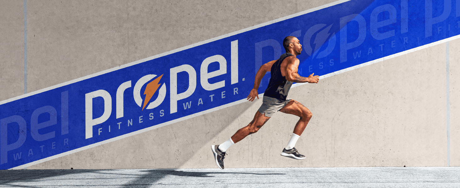 Reinforces the Propel Fitness Water brand identity through bold logo placement and an athletic lifestyle image. Shows an athlete in motion to connect the product with an active, energetic lifestyle.