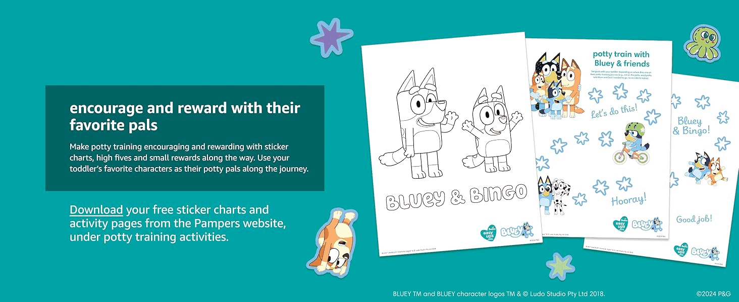 Encourages parents to use free downloadable reward charts and character stickers to motivate potty training.